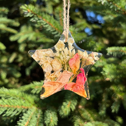 Decorative star-shaped ornament on a string against a green tree background