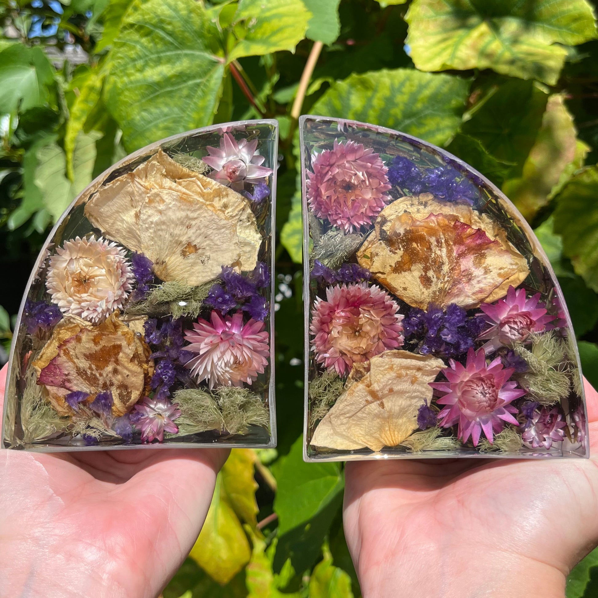 Two semi-circular bookend resin pieces with pressed flowers held against a green leafy background