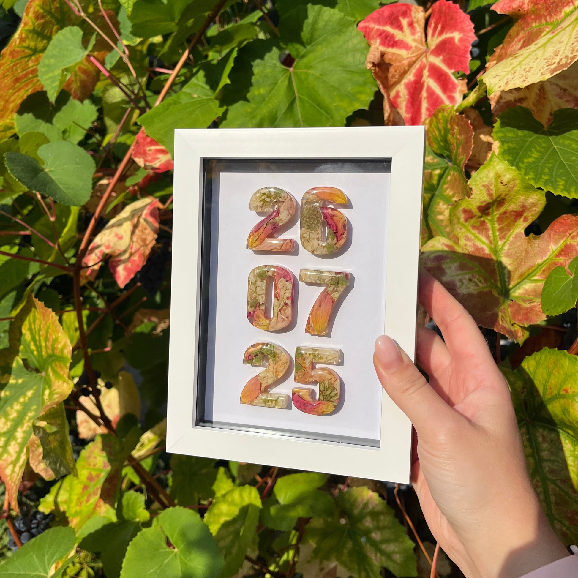 Framed artwork with colorful numbers held by a hand among green leaves