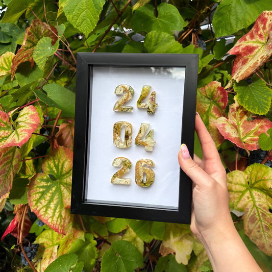 Framed numbers held by a hand against a leafy background